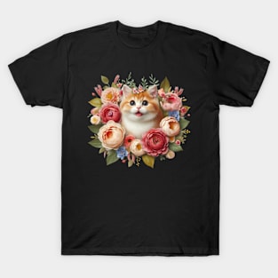 Cheerful Cute Cat's Floral Adventure: A Playful Companion Among Blossoms T-Shirt